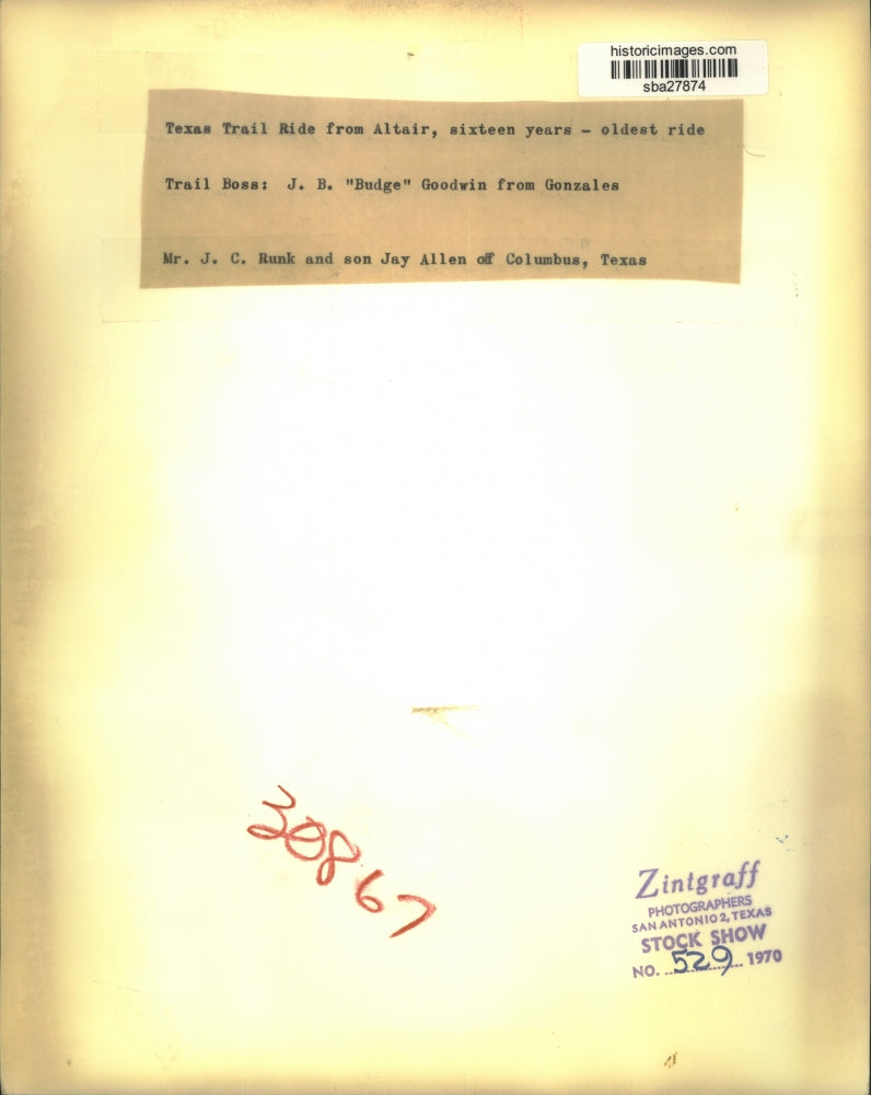 Press Photo Texas Trail ride Mr JC Runk & soon Jay Allen riding horses