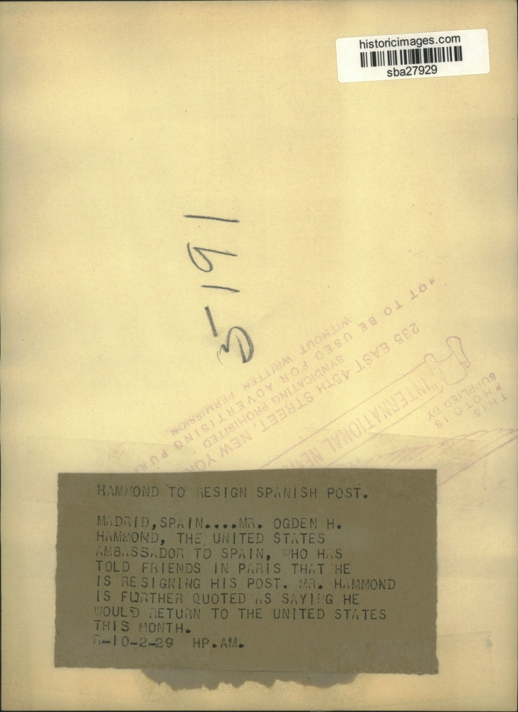 1929 Press Photo Mr Ogden H Hammond US ambassador to Spain in Madrid - sba27929