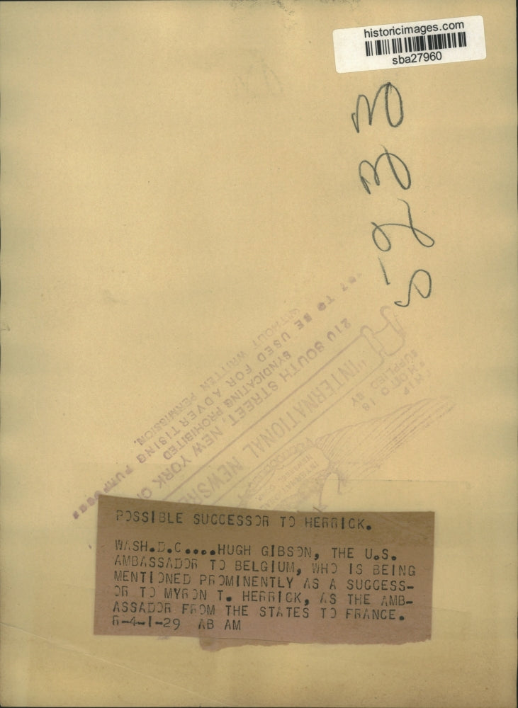 1929 Press Photo US ambassador to Belgium Hugh S Gibson may succeed MT Herrick