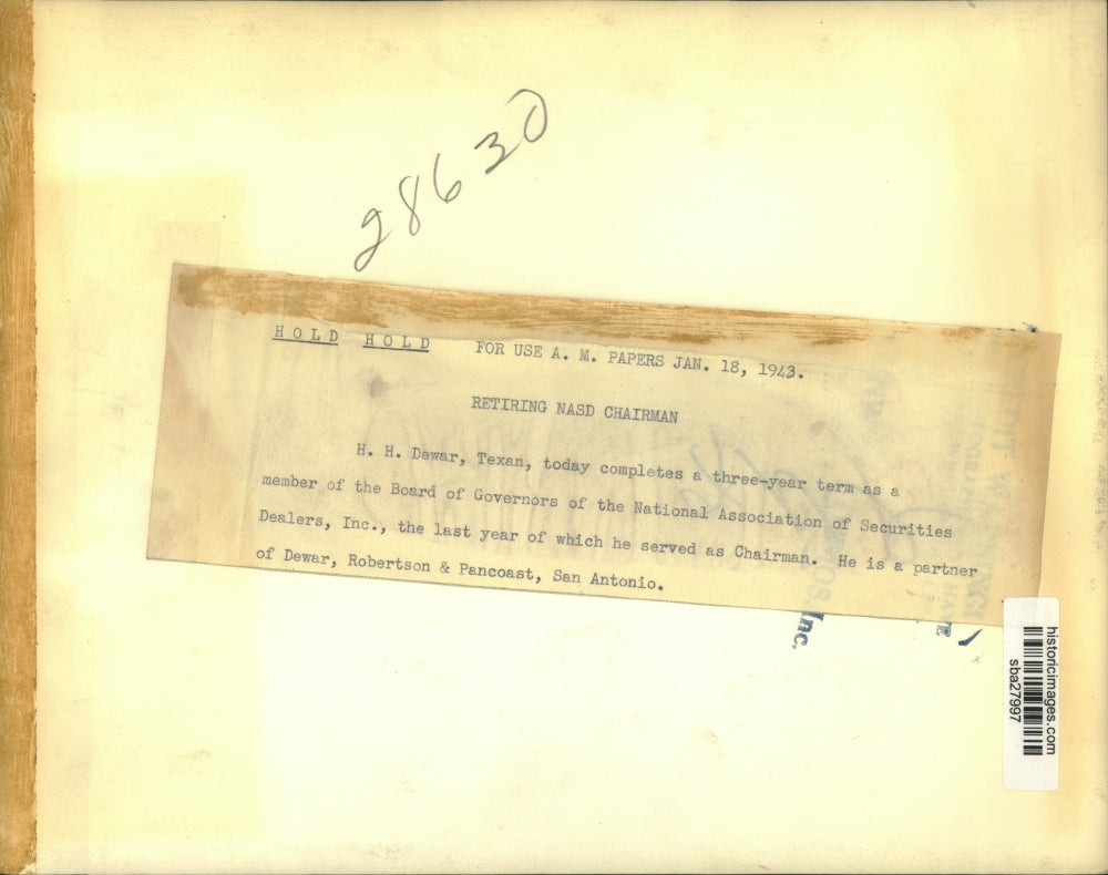 1943 Press Photo HH Dewar member of National Association of Securities Dealers