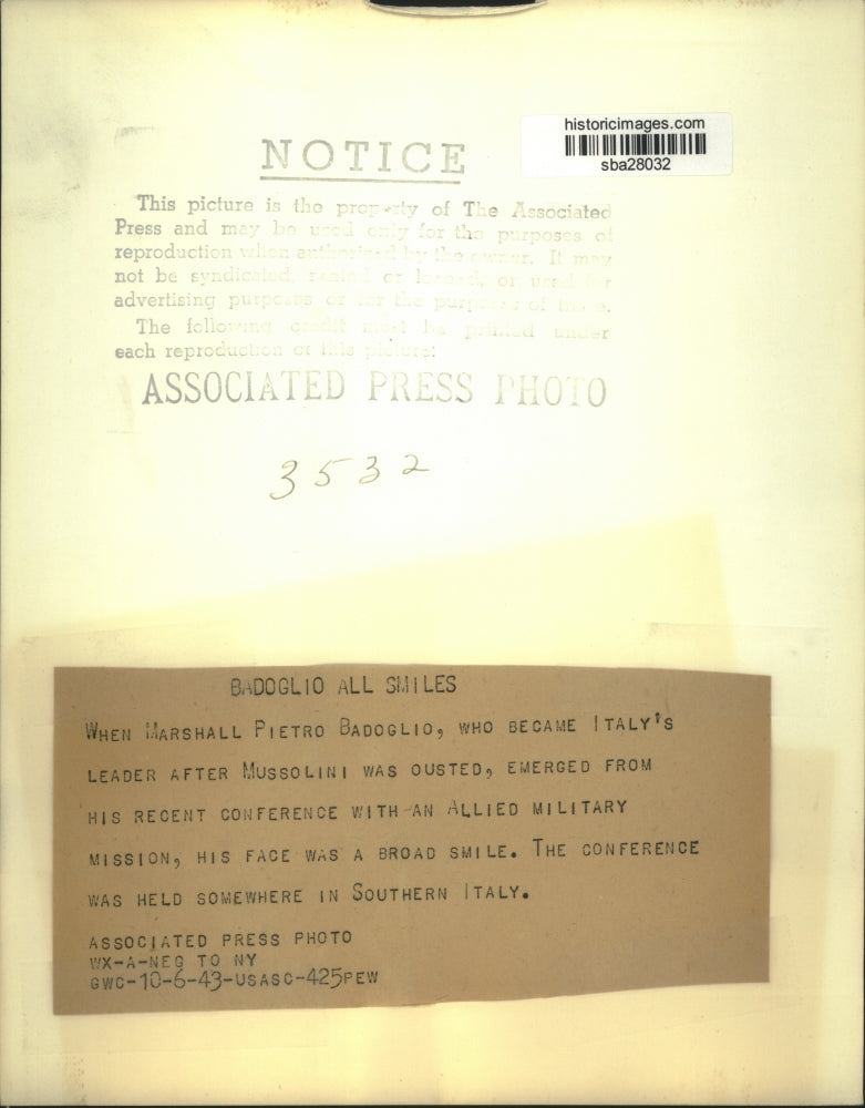 1943 Press Photo Marshall Pietro Badoglio of Italy at Allied Military conference
