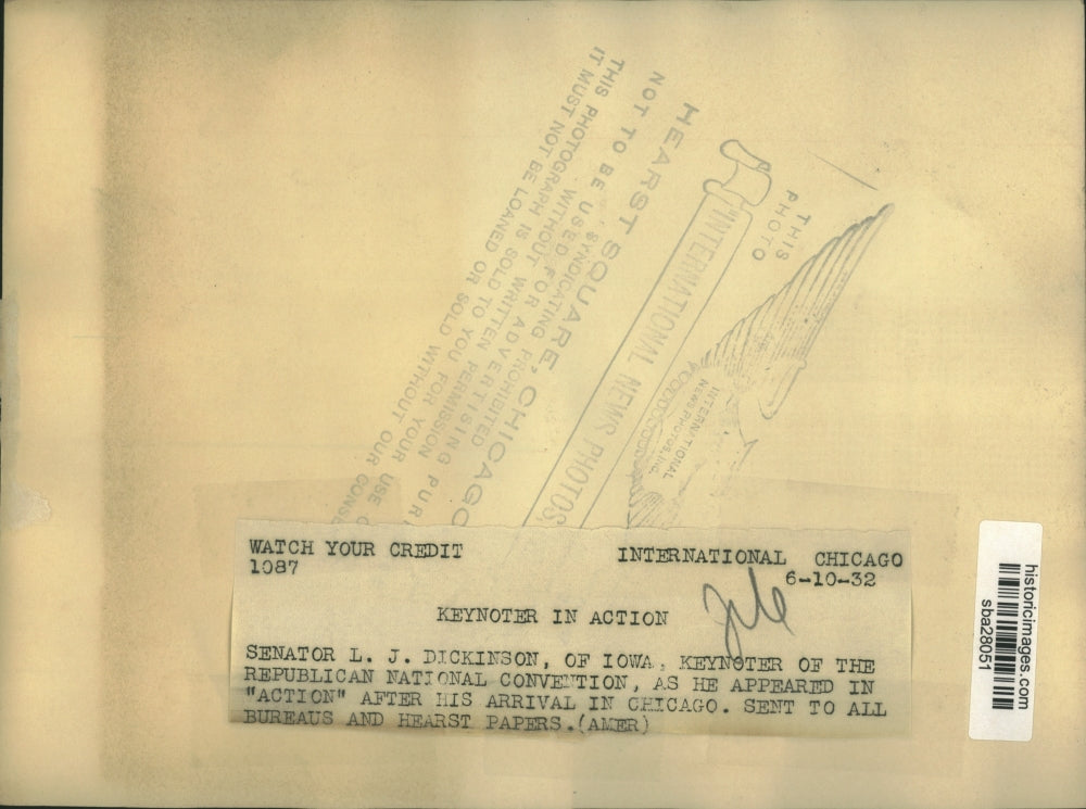 1932 Press Photo Senator LJ Dickinson of Iowa keynoter at GOP convention