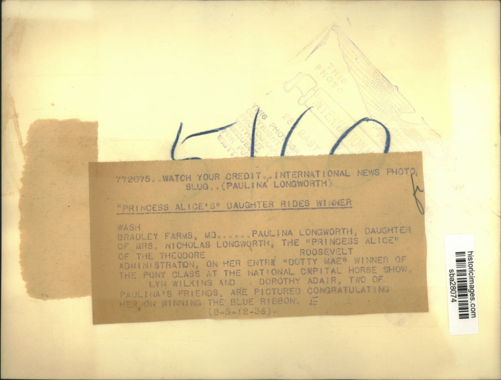 1936 Press Photo Pailina Longworth, Princess of Roosevelt administration on pony