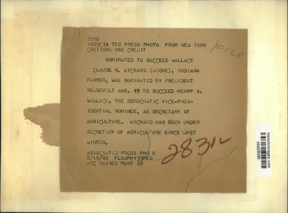 1940 Press Photo Claude R Wickard Indiana farmer to be Agriculture Secy