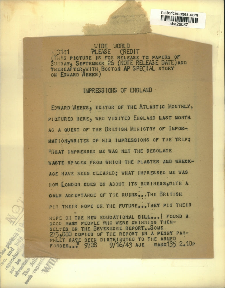 1943 Press Photo Edward Weeks, editor of Atlantic Monthly who visited England