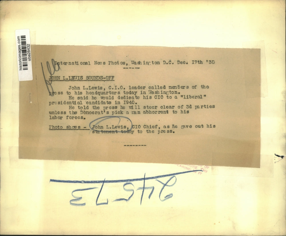 1938 Press Photo CIO Leader John Lewis announces support of Candidate