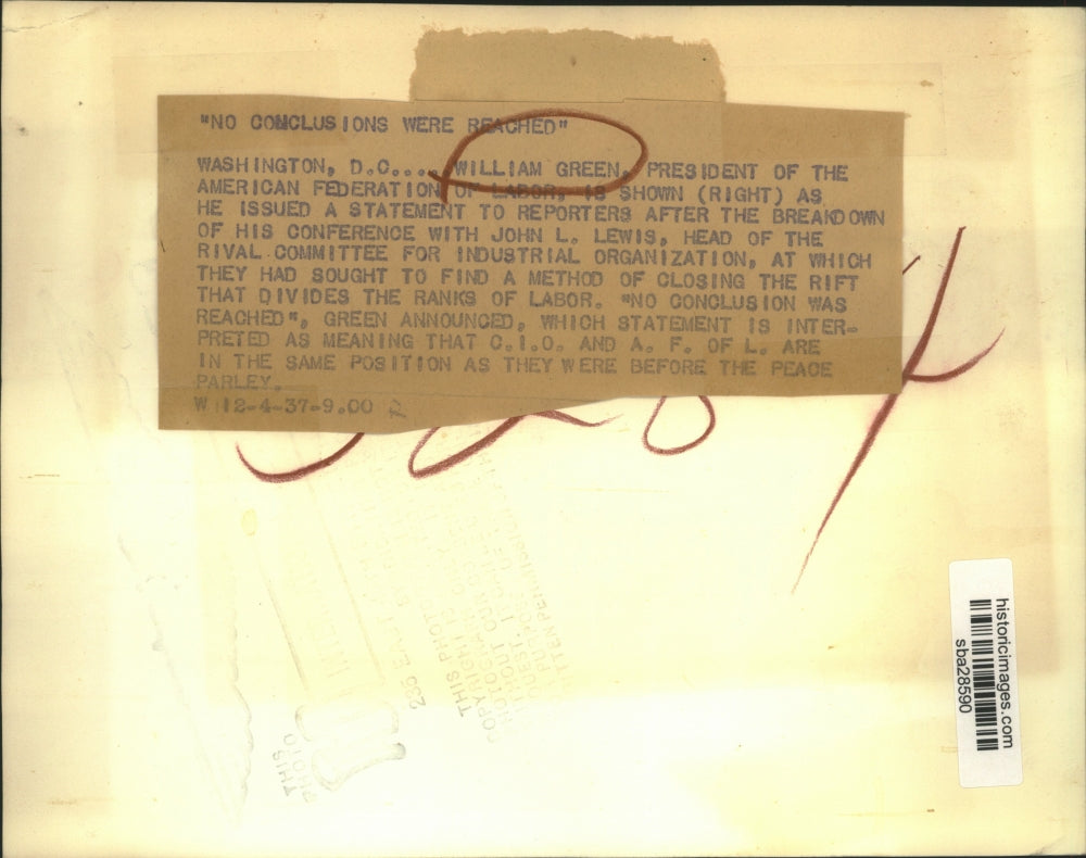 1937 Press Photo AFL president William Green after conference with JL Lewis