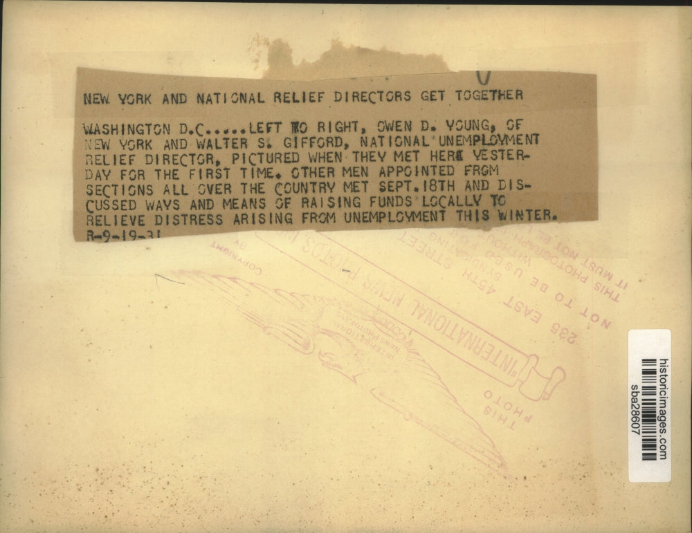 1931 Press Photo Owen D Young & Walter Gifford National unemployment director