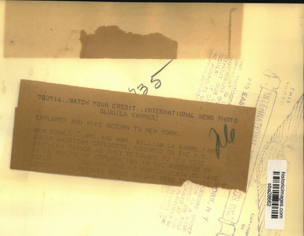 1938 Press Photo explorer William LaVarre & wife return to NY from Dutch Guiana