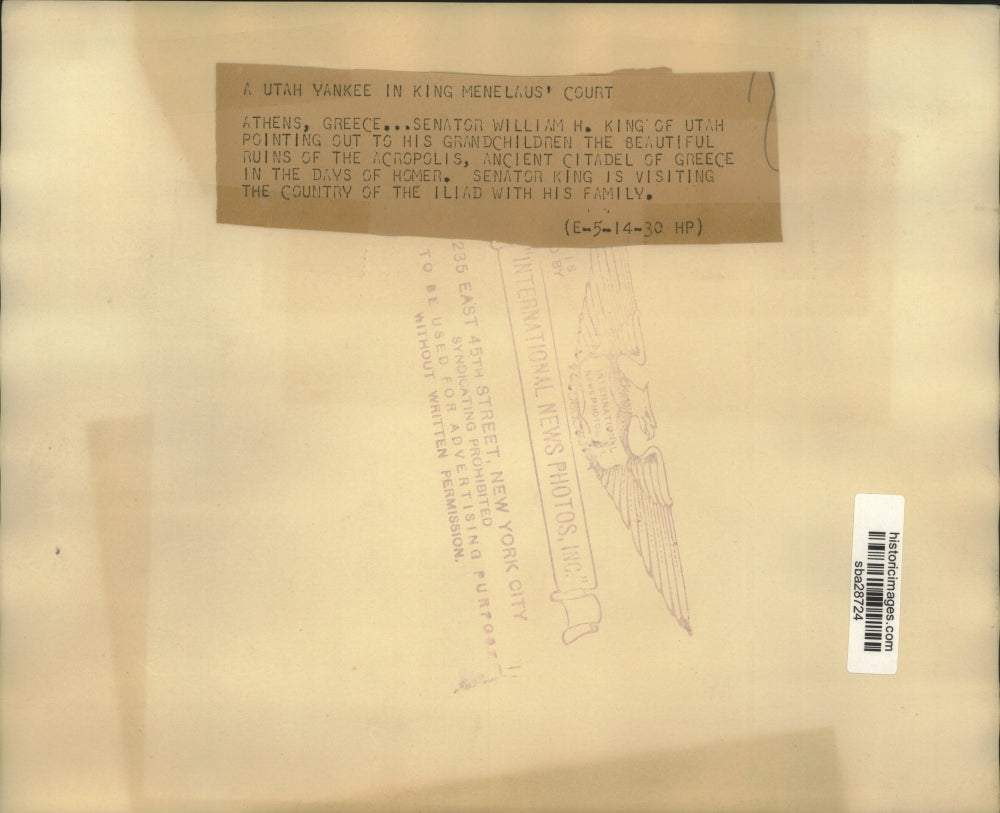 1930 Press Photo Utah Senator William H King & grandkids visits Athens Greece