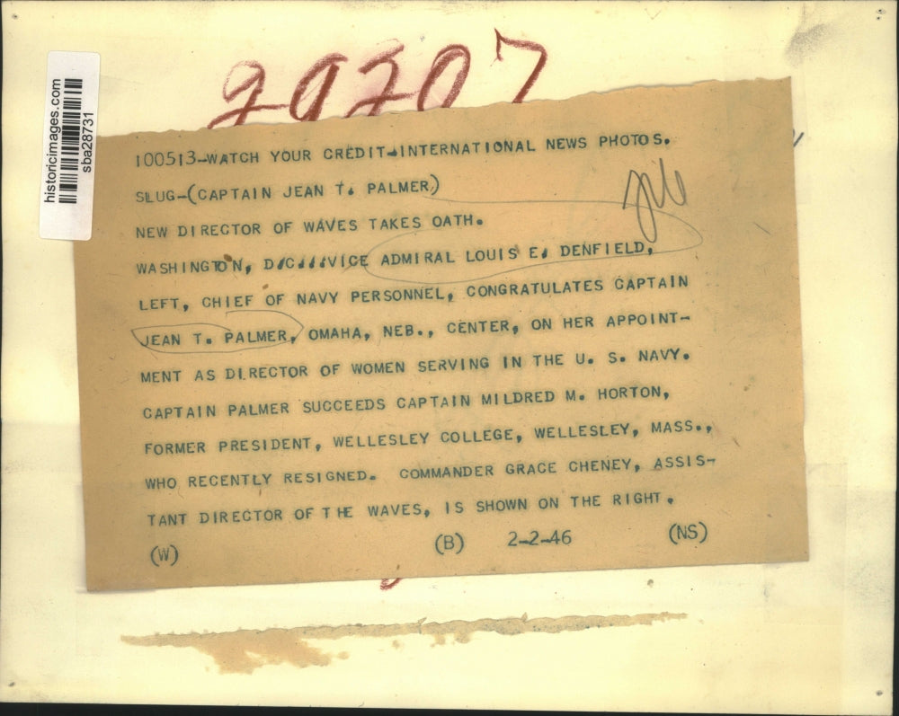 1946 Press Photo Adm Louis Denfield with capt Jean T Palmer, Cmdr G Cheney