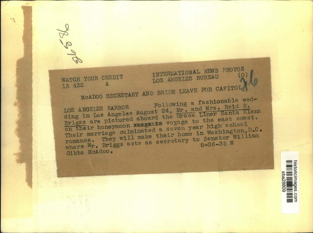 1935 Press Photo Mr and Mrs Reid Brigs shown on their Honeymoon - sba28809