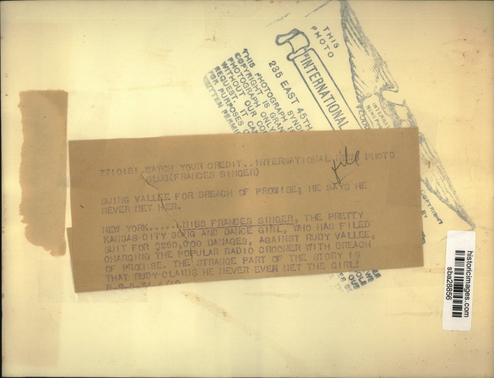 1934 Press Photo Miss Frances Singer files suit against singer Rudy Vallee