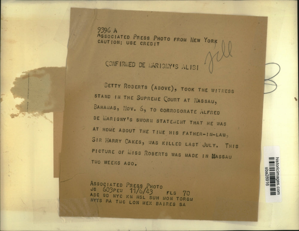 1943 Press Photo Betty Roberts witness at Nassau Bahamas trial of Al De Marigny