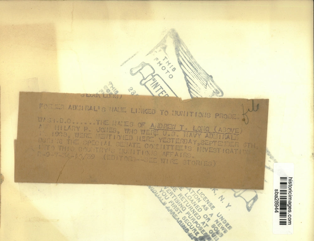 1934 Press Photo Admiral Andrew T Long involved in munitions probe - sba28944