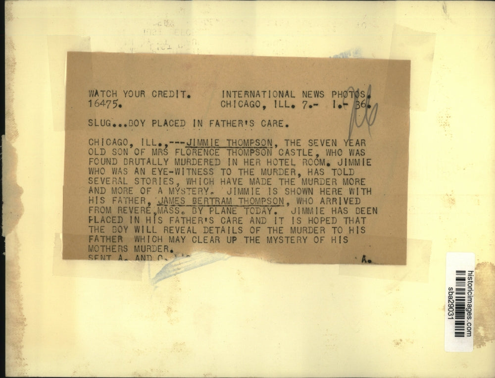 1936 Press Photo Seven year old Jimmie Thompson whose mother was murdered