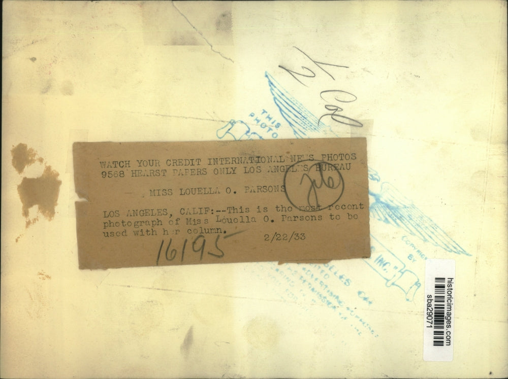 1933 Press Photo Miss Louella O Parsons, Hearst papers columnist - sba29071