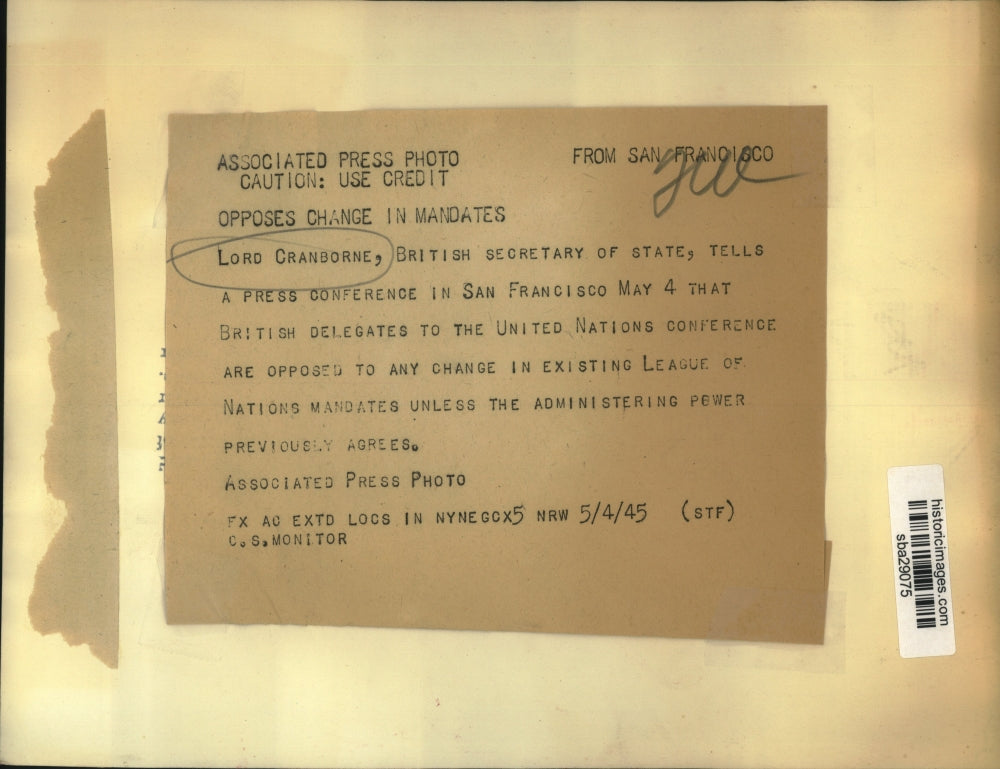 1945 Press Photo Lord Cranborne, British Secretary of State in San Francisco