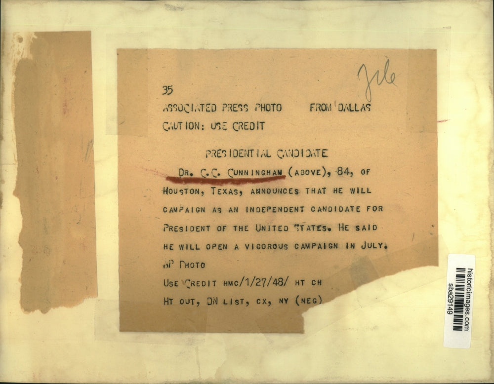 1948 Press Photo Dr. C.C Cunningham runs as independent candidate for president