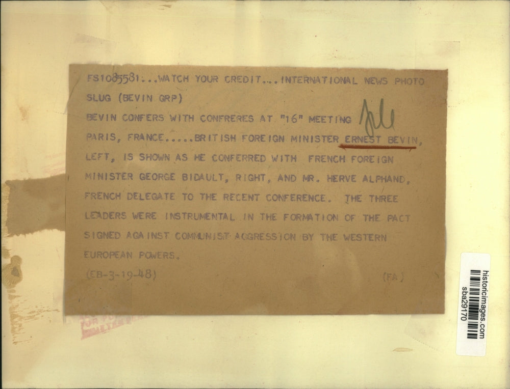 1948 Press Photo British foreign minister Ernest Bevin & France's George Bidault