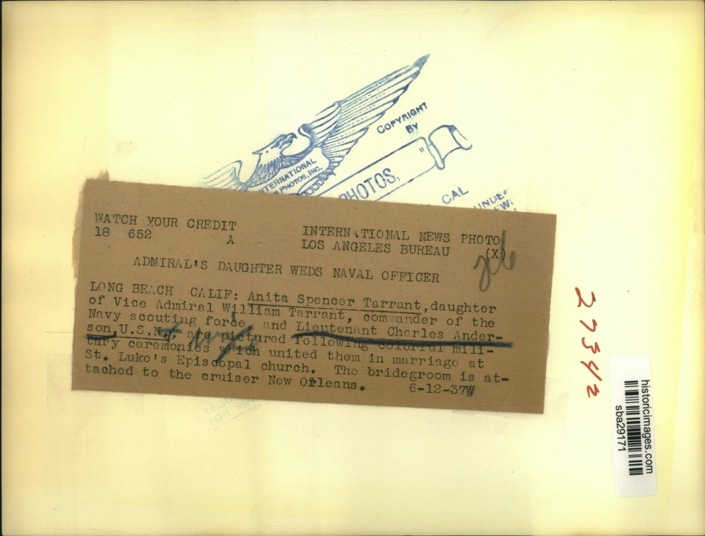 1937 Press Photo Anita Spencer Tarrant & Lt Charles Anderson USN at wedding