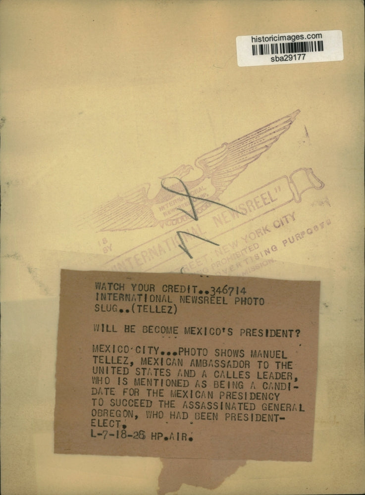 1928 Press Photo Manuel Tellez, Mexican Ambassador to US and a Calles leader