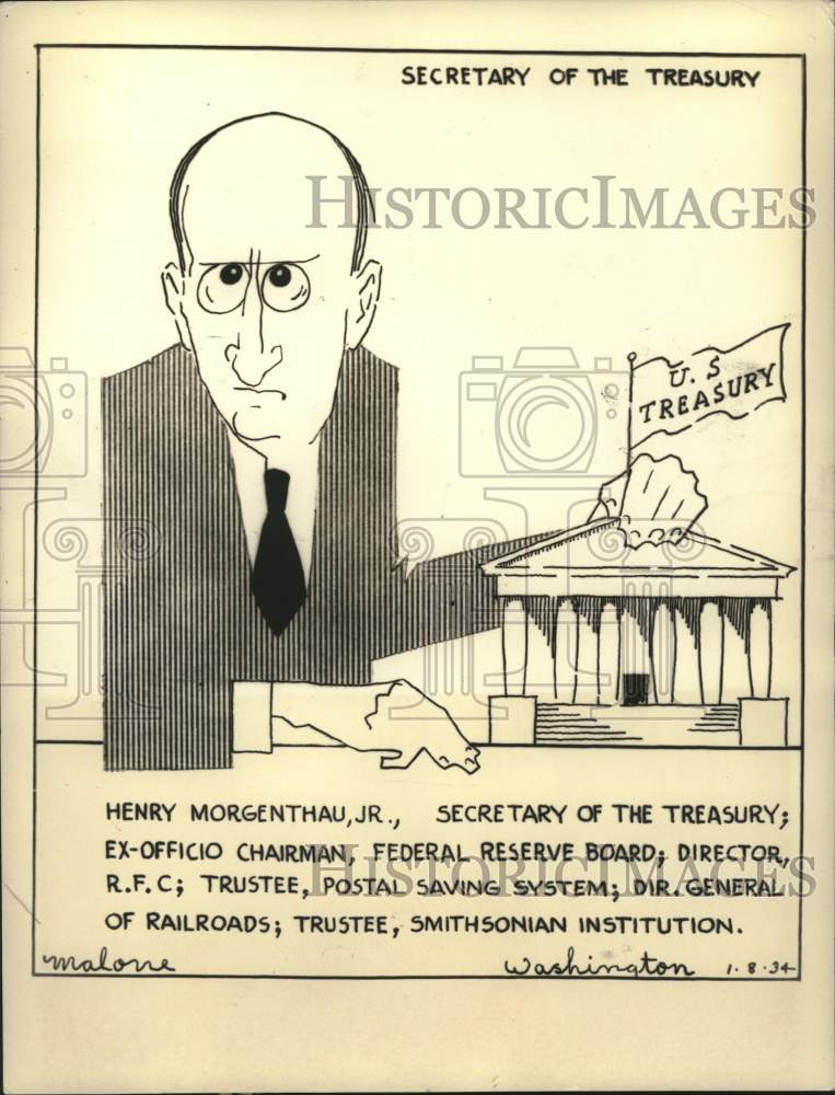 1934 Press Photo Caricature of Henry Morgenthau Jr. by R.J. Malone - sba29202- Historic Images