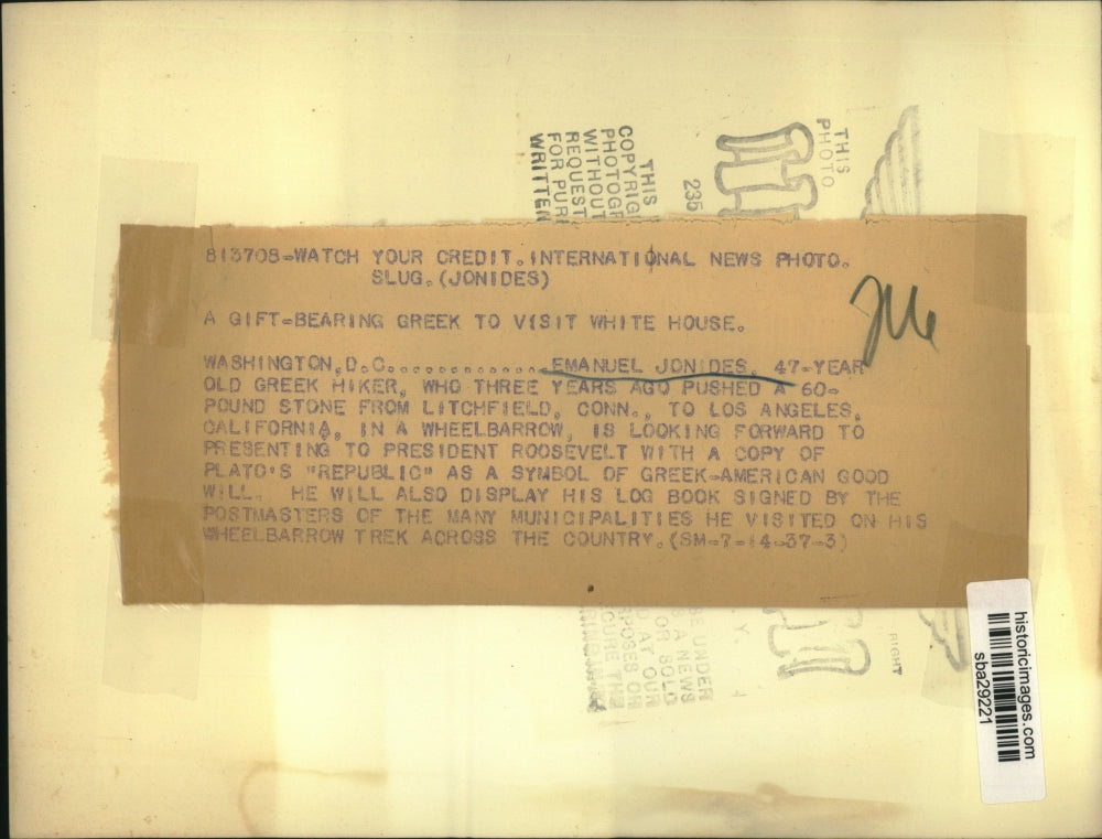 1937 Press Photo Emanuel Jonides to visit FDR durin Greek-American goodwill tour
