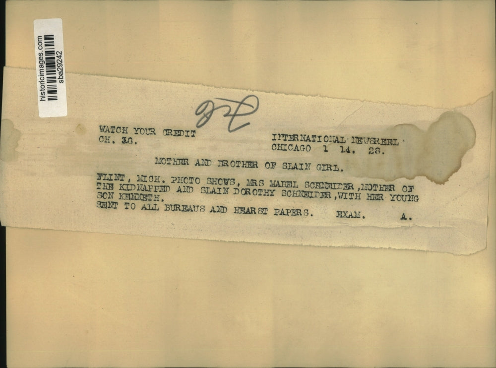 1928 Press Photo Mabel Schneider, mother of kidnapped, slain daughter, Dorothy