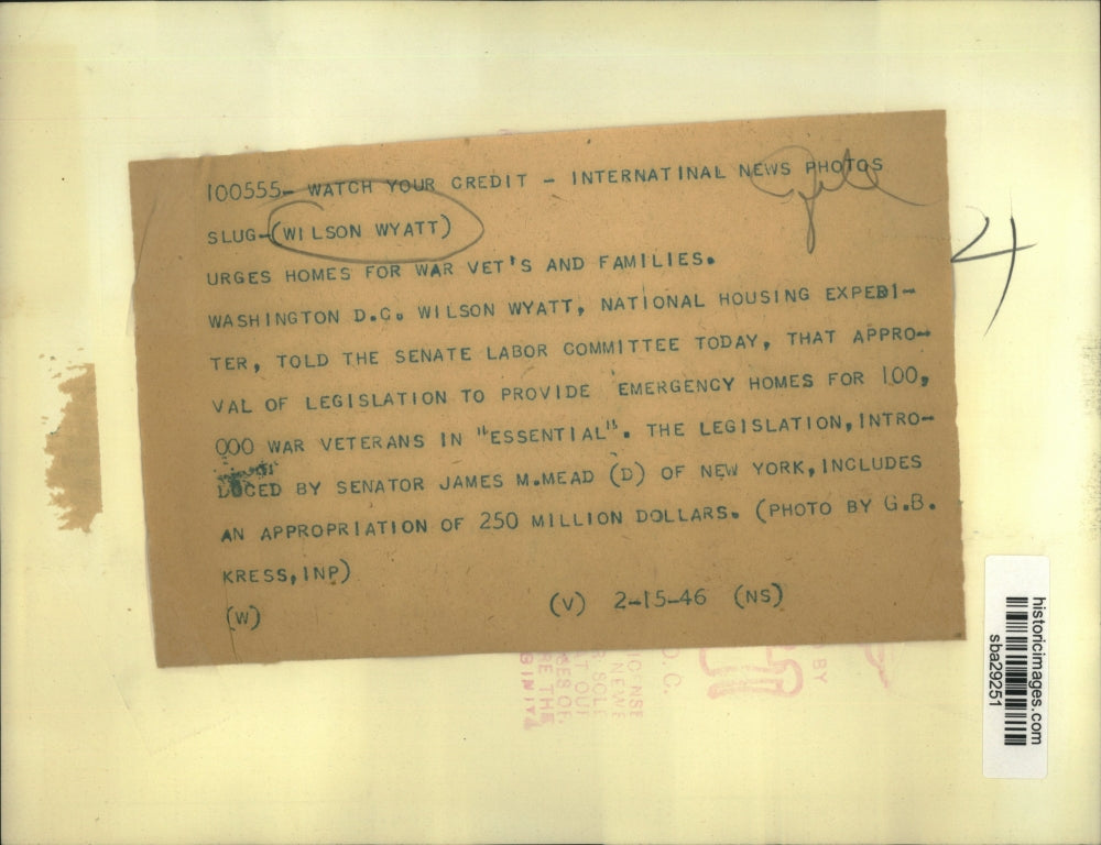 1946 Press Photo Wilson Wyatt urges homes for WWII veterans and families