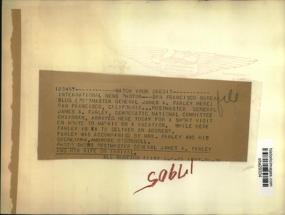 1935 Press Photo Postmaster General James Farley & wife arrive in San Francisco