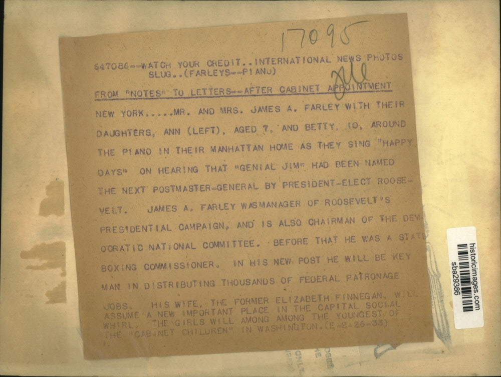 1933 Press Photo Mr & Mrs James A Farley,new Postmaster General & family