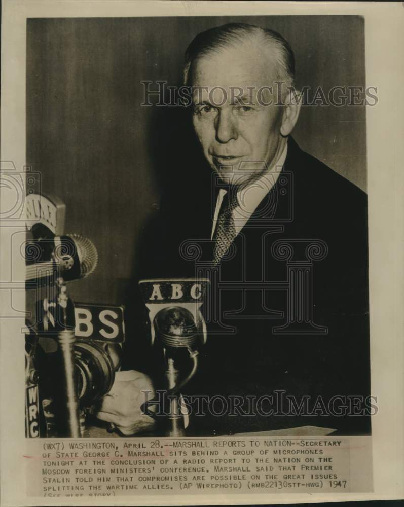 1947 Press Photo Secretary of State George C. Marshall broadcasts to the nation- Historic Images