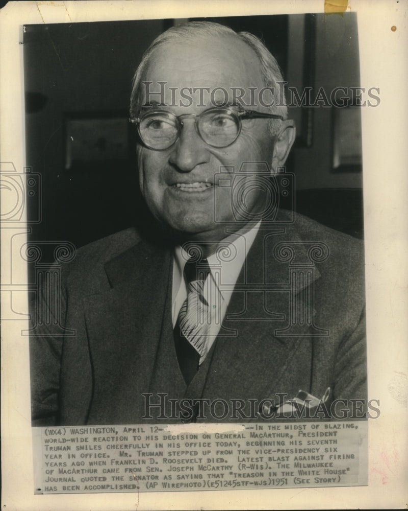1951 Press Photo President Truman Happy Beginning His 7th Year in Office