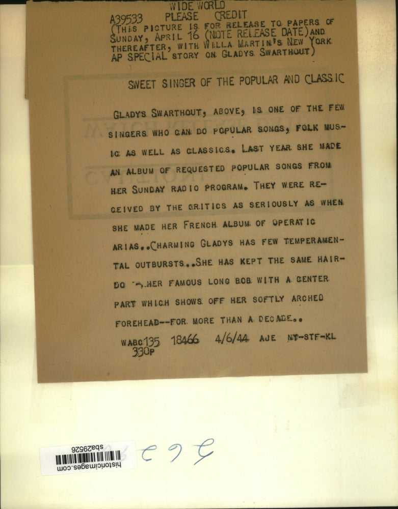 1944 Press Photo Gladys Swarthout Sings Popular Songs Folk Music & Classics