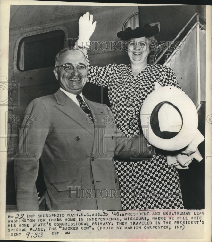 1946 Press Photo Pres. and Mrs. Truman leaving DC for their home in Missouri