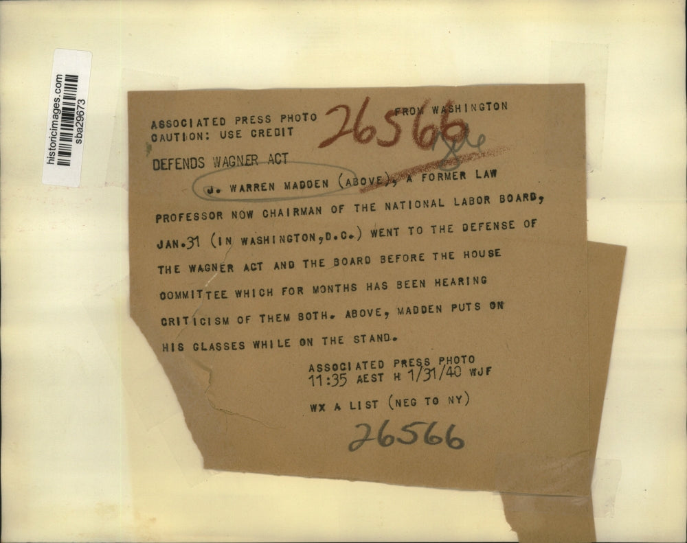 1940 Press Photo Warren Madden Goes to Defense of Wagner Act Before House Comm