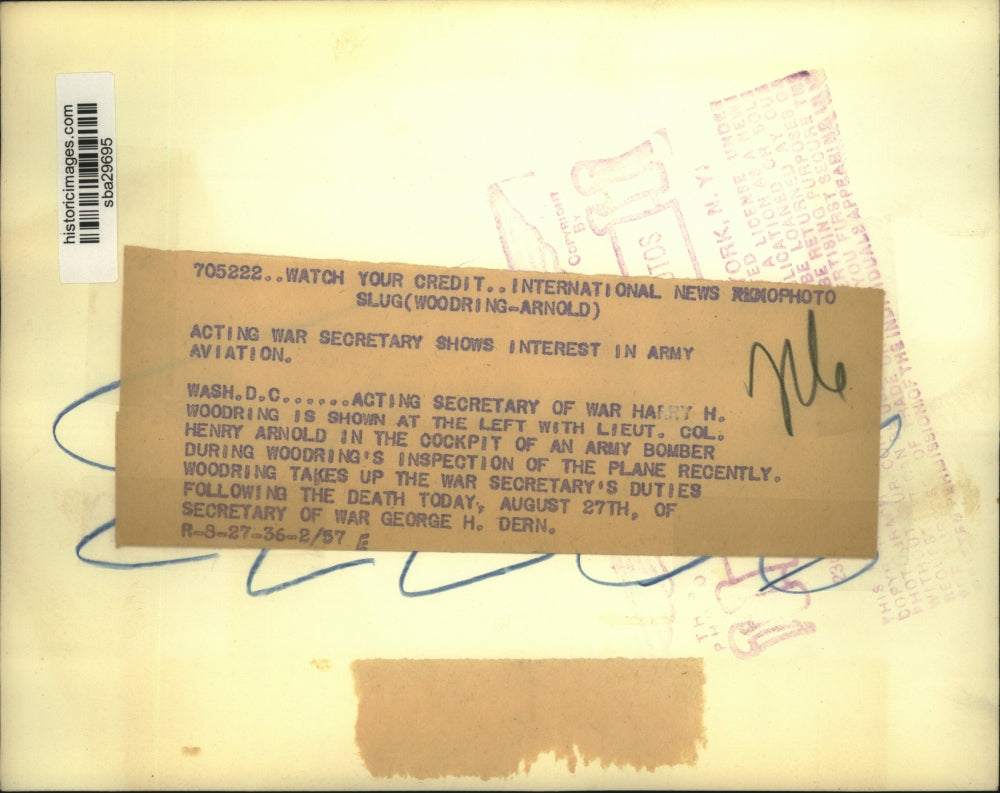 1936 Press Photo Acting Secretary of War Harry Woodring & Lt Col Henry Arnold