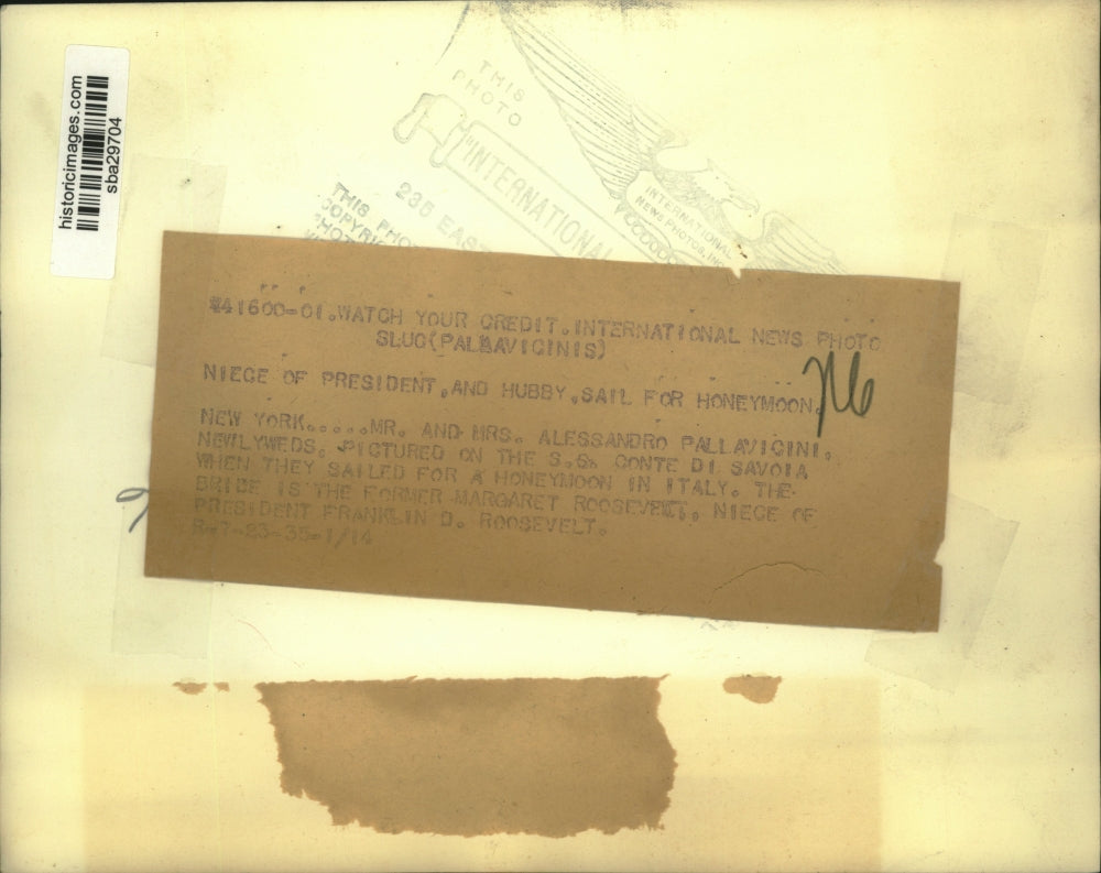 1935 Press Photo Mr & Mrs Alessandro Pallavicini newlyweds sail for Italy from N