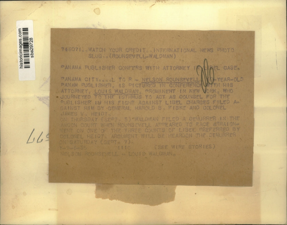 1935 Press Photo Nelson Rounsevell Confers with Attorney in Libel Charge