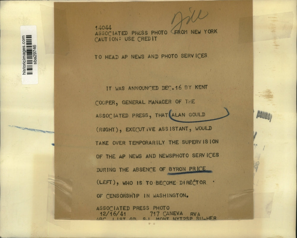 1941 Press Photo Director of Censorship Byron Price & Alan Gould exec assistant