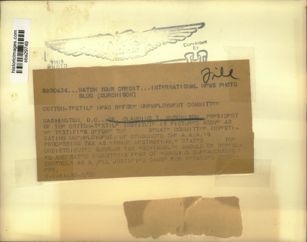 1938 Press Photo Dr Claudius T Murchison of cotton textile Institute at Senate