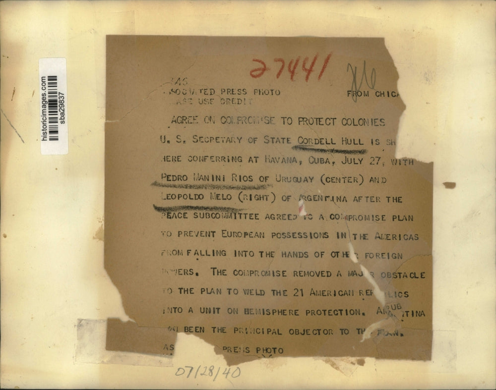 1940 Press Photo Secretary of State Cordell Hull confers with Rios & Melo