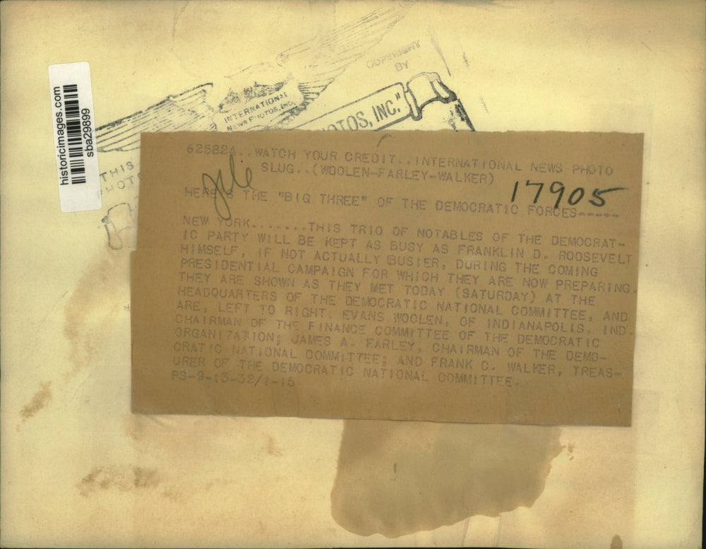 1932 Press Photo Democrats James A Farley, Frank C Walker & Evans Woolen meett