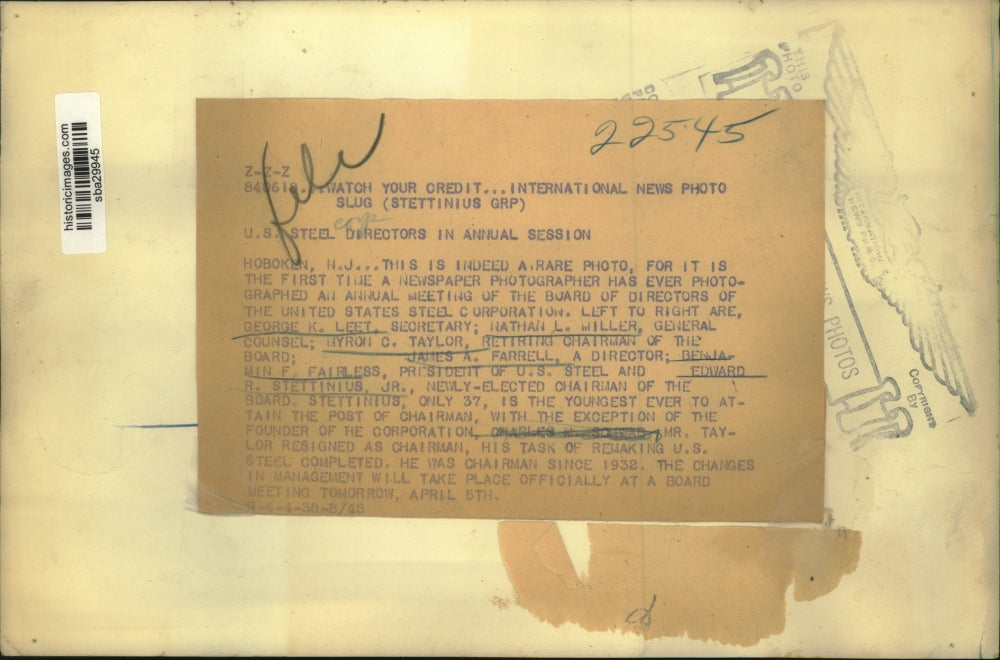 1938 Press Photo Rare Photograph of Board of Directors of U.S. Steel Corporation