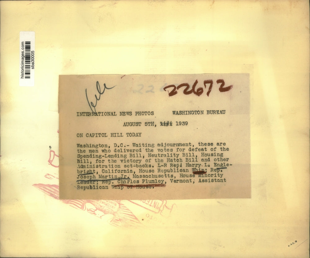 1939 Press Photo Reps Harry L Englebright of CA, Joe Martin Jr, of MA, C Plumley