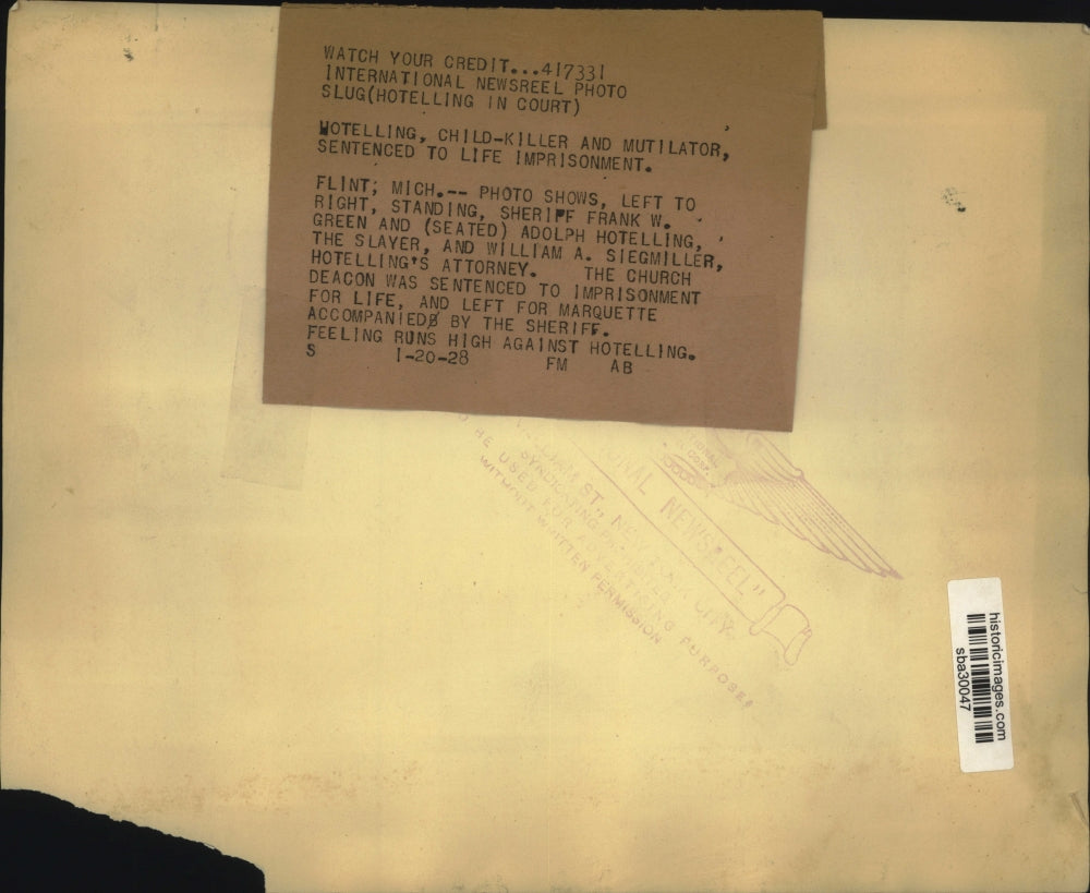 1928 Press Photo Child Killer & Mutilator Adolph Hoteling Sentenced to Life