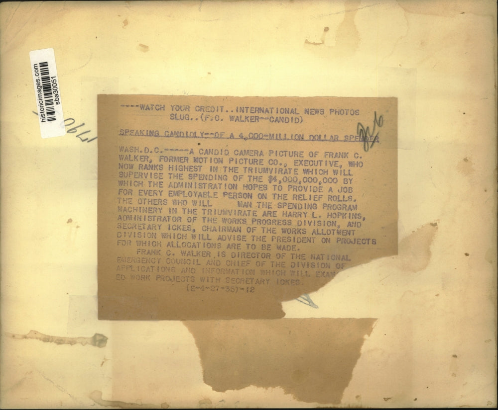 1935 Press Photo Frank Walker, ex film co exec now government program director