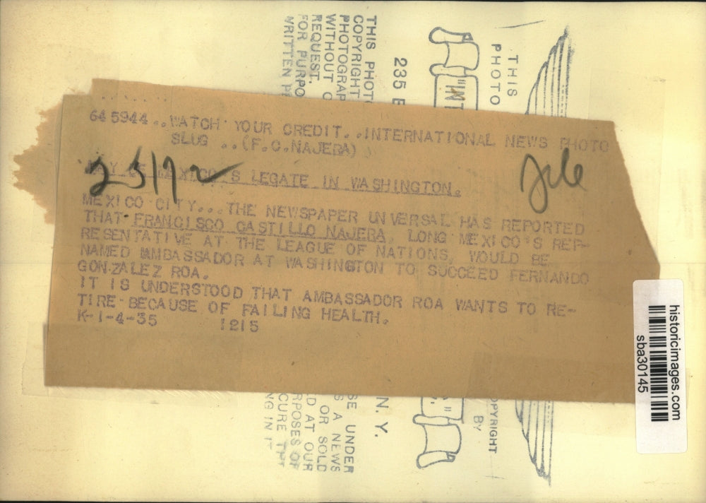 1935 Press Photo Francisco Castillo Najera named Mexican Ambassador to the US