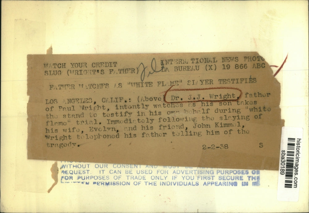 1938 Press Photo Paul Wrightl Calls Father Dr J.J. Wright After Slaying of Wife